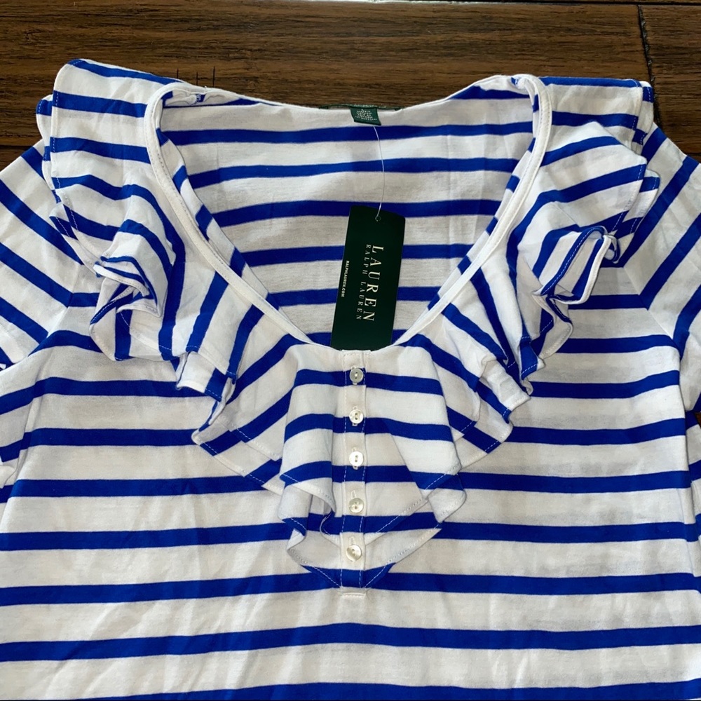 041. NWT Ralph Lauren Stripe Ruffle Button Top - Picture 2 of 10